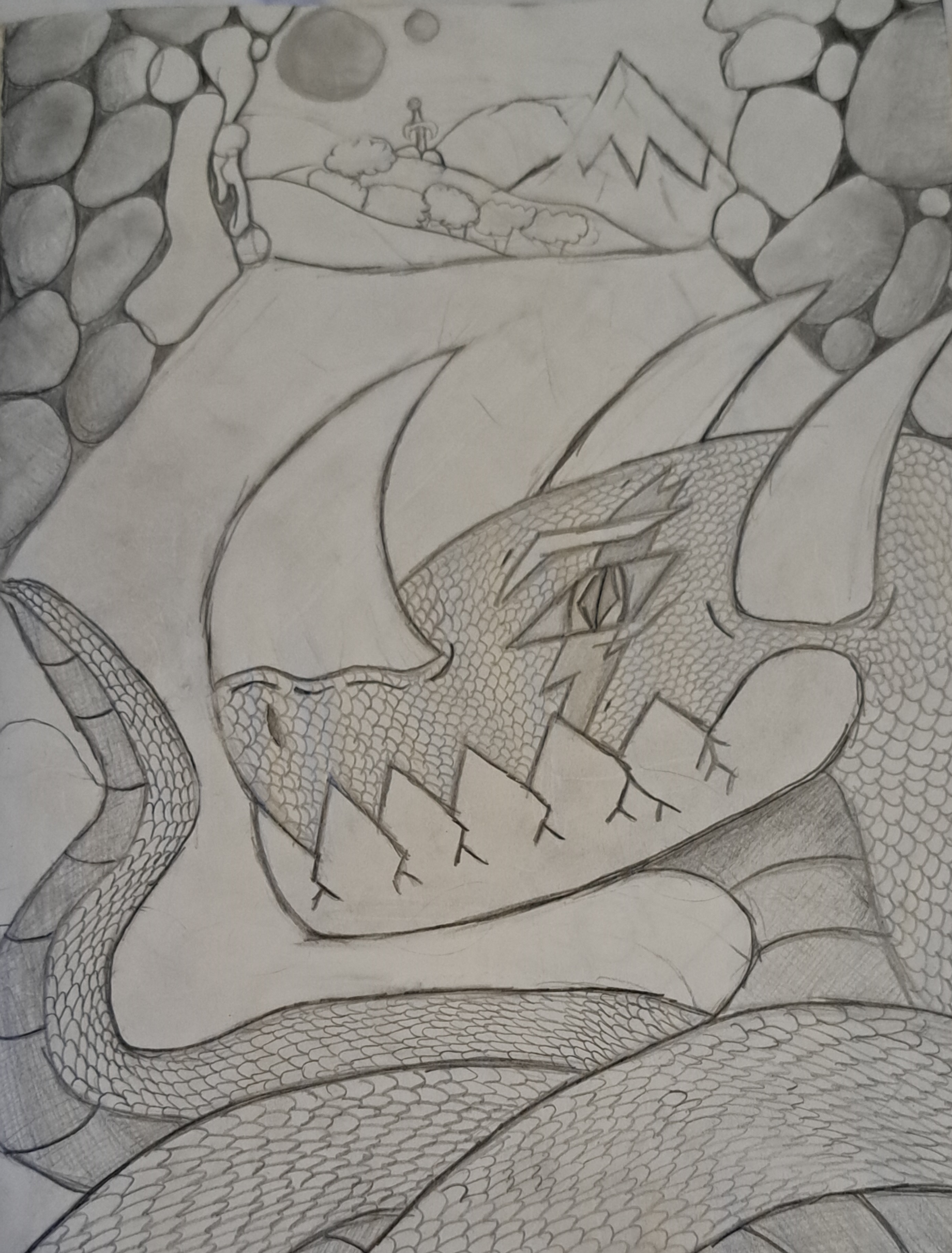 drawn Image of a dragon in a cave